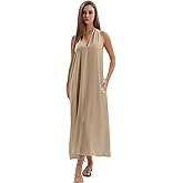Amazhiyu Women's Linen Halter Sleeveless Casual Summer Maxi Dresses with Pockets Khaki, Small