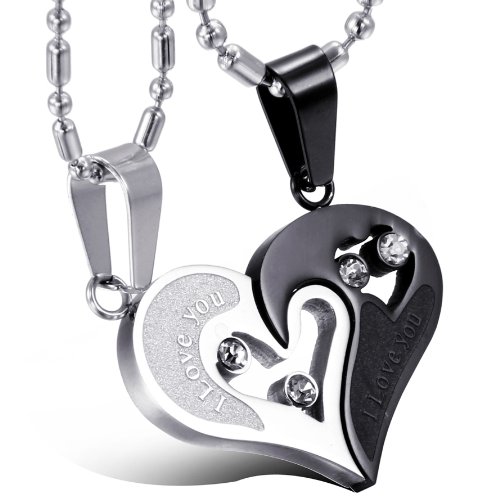 Oidea 2Pcs Stainless Steel Couples Shiny Rhinestone Inlaid Love Heart Matching Pendant Necklace for Couples,Valentines Gifts