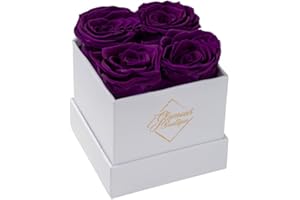 GLAMOUR BOUTIQUE Preserved Roses in a Box - Valentines Day Gifts for Her & Mom, 4 Roses Flowers Decor for Birthday Gift, Cased in A Square Gift Box with Lid, 4” x4” x5 - Purple