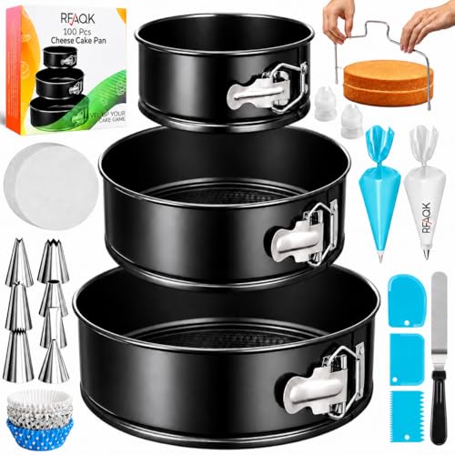RFAQK Cake Tins for Baking 100 Pcs Springform Cake Tins Kit Includes 3 Round Non-Stick Cake Pan (4,7,9 inches Baking Tins)-Piping Bags and Nozzles-Leveler–Leak Proof Cheesecake Tin-Bakeware & EBook…