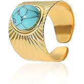 Dikixe Boho Western Turquoise Ring, Oval Turquoise December Birthstone Open Statement Ring, Gold Plated Stainless Steel Stackable Rings for Women