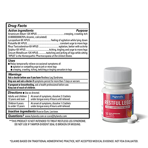 HYLAND’S RESTFUL LEGS TABLETS, NATURAL ITCHING, CRAWLING, TINGLING AND LEG JERK RELIEF, QUICK DISSOLVING TABLETS, 50 COUNT