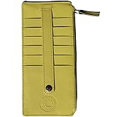 Leatherboss Genuine Leather Women's All in One Credit Business Card Case Holder Slim Zipper Wallet With a Card Protection Strap, Lemon