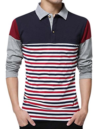 Yong Horse Men's Polo Shirts Casual Striped 2 Button Placket Long Sleeve Polo T Shirt (L, Navy- long sleeve)