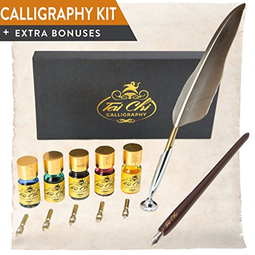 13 Piece Calligraphy Set Wood & Feather Dip Pen 5 Bottled Ink With