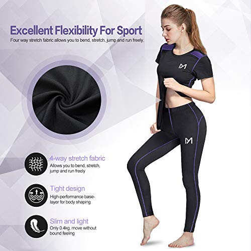 MEETYOO Women's Compression Base Layer, Cool Dry Workout Gym Activewear Short Sleeve T-Shirt and Long Leggings for Fitness Yoga Running Purple