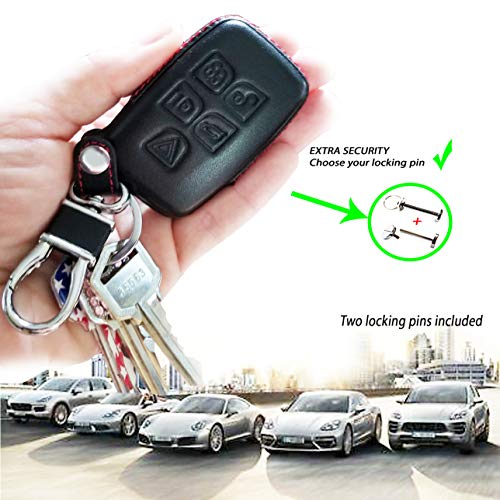 Dobrev 5 Buttons Genuine Leather Smart Key Case Rubber Cover Skin Fob Holder for Land Rover Range Rover Evoque Sport Vogue Discovery Freelander Remote Key (Black Leather)