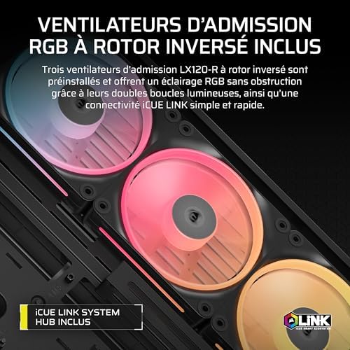 Frame 4500X LX-R RGB Link Boîtier PC Moyen-Tour en Verre Panoramique – Système de Fixation du Ventilateur InfiniRail, Peut Accueillir Deux Radiateurs de 360 mm, 3X LX120-R RGB Link – Noir