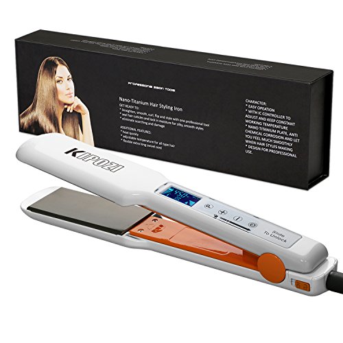 KIPOZI Pro Nano-Titanium Hair Straightener Flat Iron with Digital LCD Touch Screen Display, Instant Heat Up,Dual Voltage,Keratin Treatment,1.75â€ Wide Plate(White)