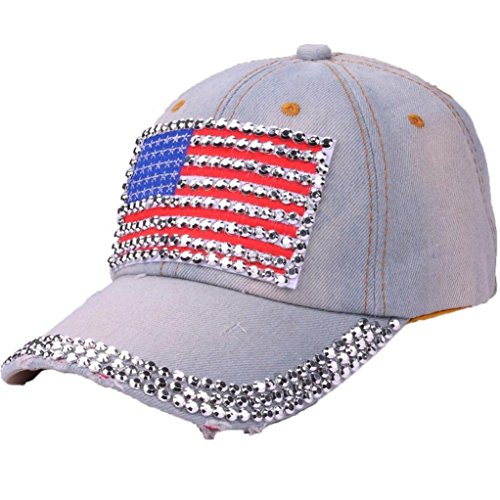 ❤️ Toponly Women American Flag Rhinestone Jeans Denim Baseball Adjustable Bling Hat Cap (A, One size) - Thumbnail 2