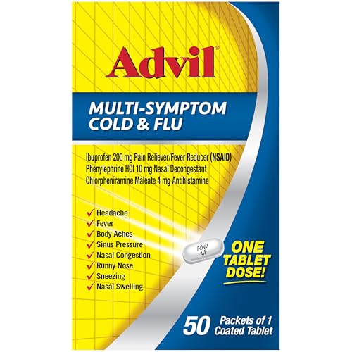 ADVIL MULTI SYMPTOM COLD AND FLU MEDICINE, COLD MEDICINE FOR ADULTS WITH IBUPROFEN, PHENYLEPHRINE HCL AND CHLORPHENIRAMINE MALEATE – 50 COATED TABLETS
