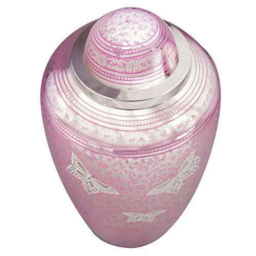 Cremation Urn for Human Ashes Adult - Brass Funeral Urn for Women - Metal Hand Engraved Silver Butterfly Large Urn for Adults - Display Burial At Home or in Niche at Columbarium ( Pink Butterflies - Thumbnail 4