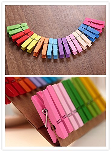 100 Pieces Mini Natural Wooden Colored Clothespins Photo Paper Peg Pin Craft Clips, with 16 Feet Jute Twine