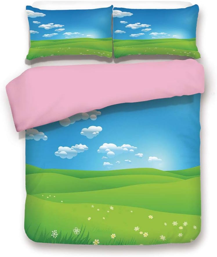 Pink 3pc Bedding Set,Cartoon Scenery Clouds Valley Hills Grass Sunbeams Flowers Artprint Image Full Size Duvet Cover Set,Printed Comforter Cover with 2 Pillowcases for Women & Girls