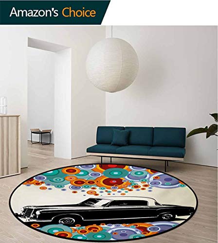RUGSMAT Vintage Round Rugs for Bedroom,Retro Car Concept Art Poster with Colorful Circles Artistic Drawing Illustration Circle Rugs for Living Room,Round-59 Inch Multicolor