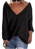 UGET Women's Casual Autumn V Neck Loose Knit Pullover Tops Sweater Jumper Asia XL Black