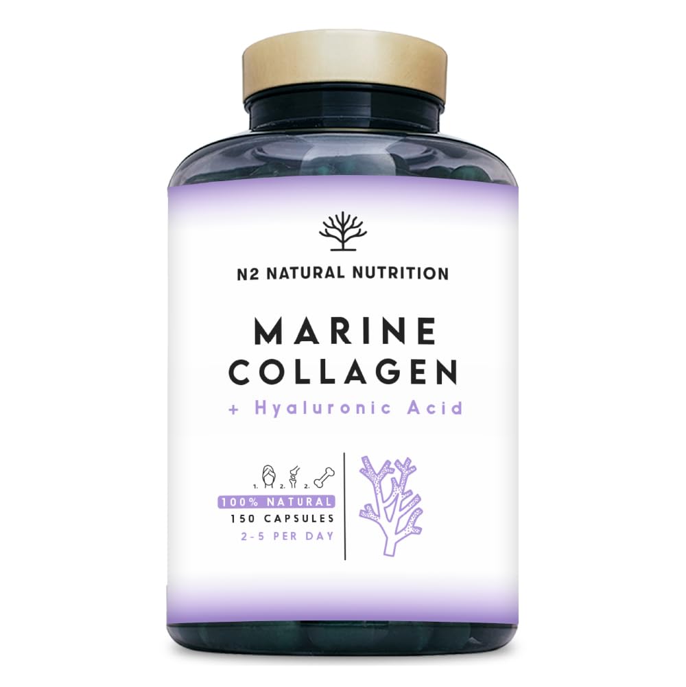 Marine Collagen & Hyaluronic Acid. 150 Caps, 75 Days. PEPTAN Collagen Supplements with Magnesium, Vitamin C for Skin Care, Hair & Joints for Anti Aging Effect. EU. N2 Natural Nutrition