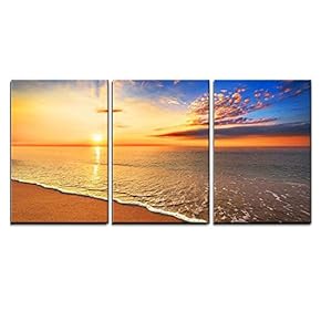 3 Piece Canvas Wall Art - Beautiful Tropical Sunrise on The Beach. - Modern Home Art Stretched and Framed Ready to Hang - 16"x24"x3 Panels