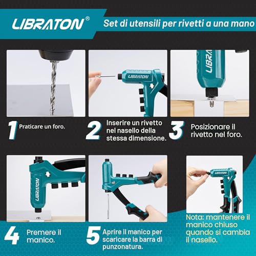 LIBRATON Hand Riveter Professional Riveter Gun with 200 Aluminum Rivets, Includes 4 Drill Bits, 4 Rivet Heads Without Tools (2.4mm, 3.2mm, 4mm, 4.8mm)