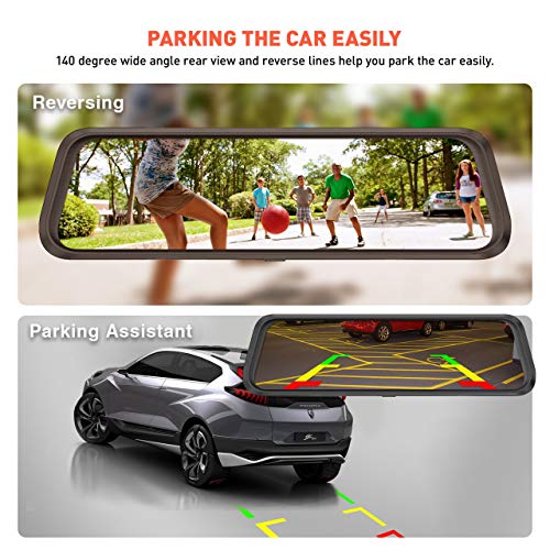 Front and Rear View Mirror Dash Cam, 1080P 170° Wide Angle Front Camera and 720P 140°Wide Angle Streaming Rear Camera, 10inch IPS Dashcam Touch Screen, Backup Camera with Night Vision, G-Sensor - Thumbnail 2
