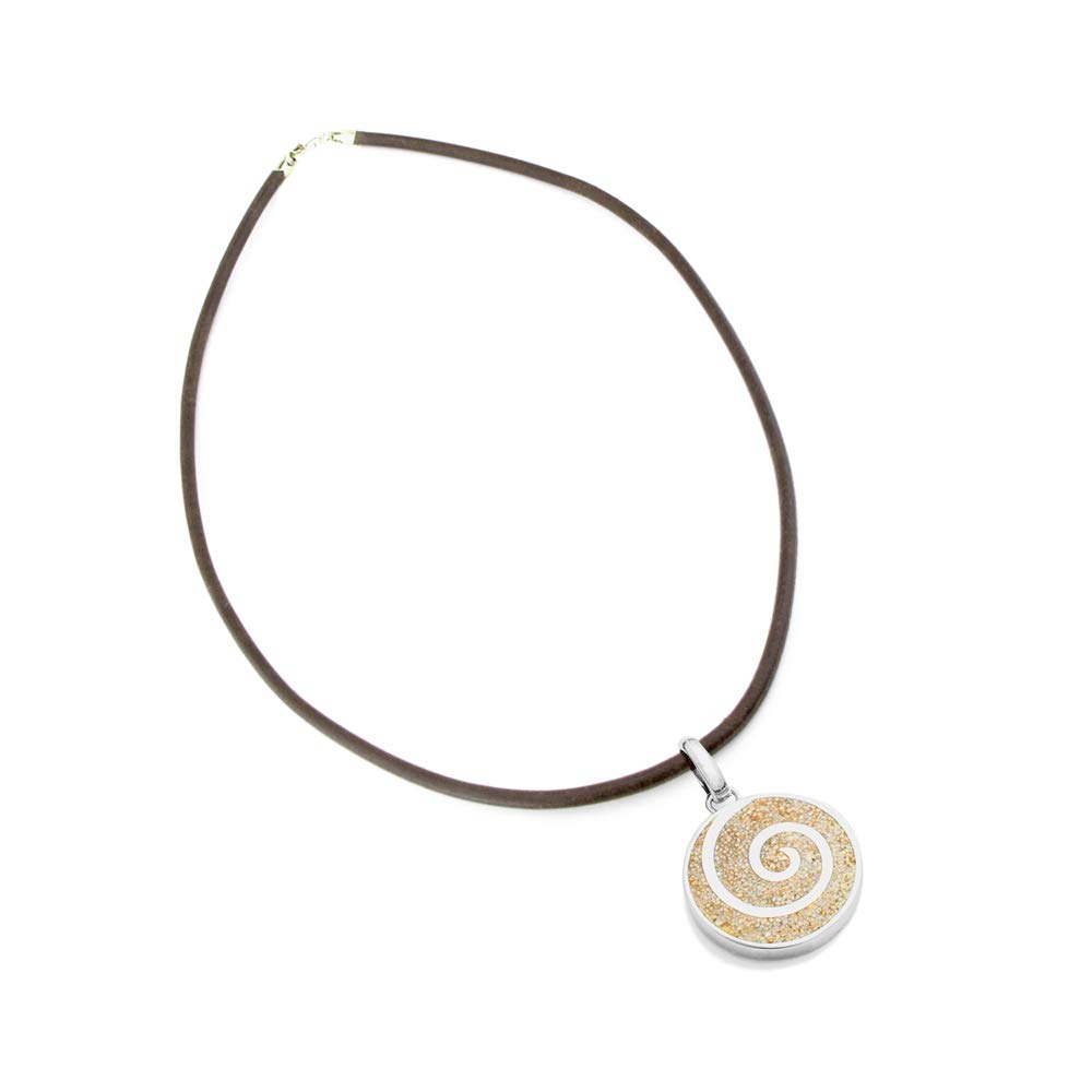 DUR Pendant Round and Stud Earrings Sand Spiral with Leather Strap Real Beach Sand and 925 Sterling Silver Chain Made of Genuine Leather with Silver Clasp Lobster Clasp,
