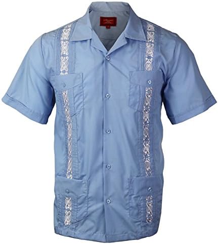 vkwear Guayabera Men's Cuban Beach Wedding Short Sleeve Button-Up Casual Dress Shirt (Large, Light Blue/White)