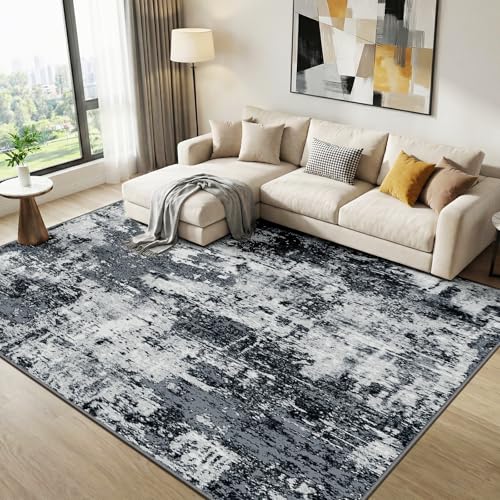DEFYNEE Wohnzimmer Teppich 120 x 180 cm | Rutschfester Kurzflorteppich in abstraktem Design | Waschbar für Schlafzimmer & Homeoffice, Schwarz