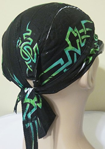 Black Doo Rag with Green Tribal Bandana Headwrap Motorcycle Biker Skull Cap