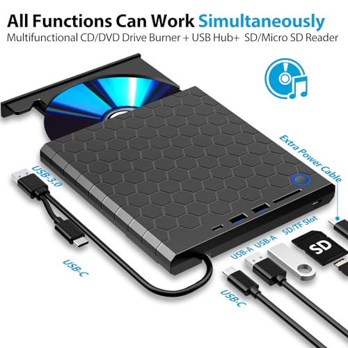 Grabadora CD Lector,Grabadora DVD Externa USB 3.0 y Tipo C, Lector de CD con USB C,2 USB A y Lector Tarjeta SD/TF,Unidad Óptica Externa de CD/DVD Compatible con Windows 11/10/8/7/XP/Vista/Linux/Mac OS