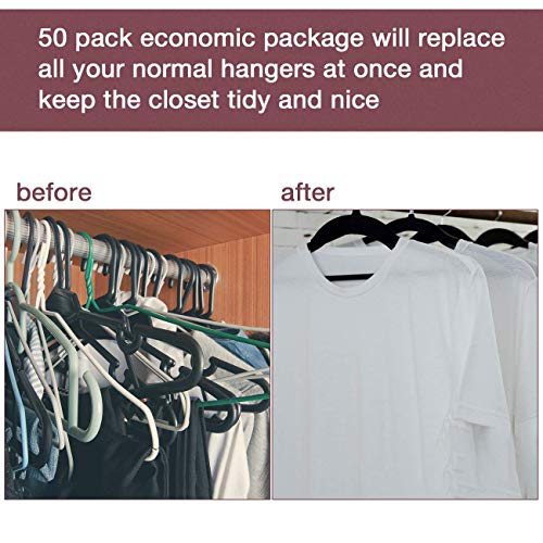 JS HANGER 50 Pack Velvet Multi-use Hangers with 10 PCS Clips for Coat, Suit, Pant, Dress and Skirt - Non-Slip Clothing Hanger with Notches, Space-Saving Slim Hanger, Black - Thumbnail 6