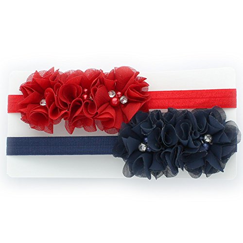 My Lello Girls Chiffon Fabric Beaded Flower Lined Stretchy Elastic Headbands Pair (Red/Navy)
