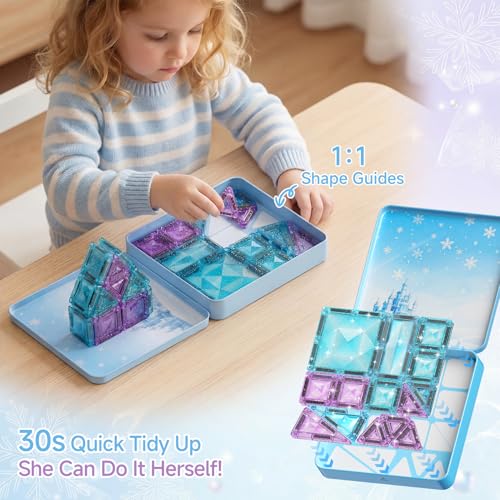 burgkidz Magnetic Building Blocks Travel Toy for Girls, 42 Pieces Ice Princess Magnetic Tiles in Metal Box - 60 Minutes Quiet 30s Tidy Up - Car Train Plane Gift 3 4 5 6 7 8 Years