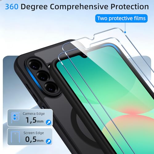 Coiwxmoi Cover for Samsung Galaxy A26 5G Compatible with MagSafe with 2 Pieces Tempered Glass, Opaque Translucent Magnetic Case, [Shockproof Military Grade] Frosted Back Cases, Black