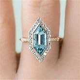 18K Yellow Gold Plated Shiny Full Diamond Blue Aquamarine Rings Cubic Zirconia Wedding Cz Band Eternity Ring Promise Ring Women Exaggerated Luxury Ladies Topaz Sapphire Solitaire Ring for Women (7)
