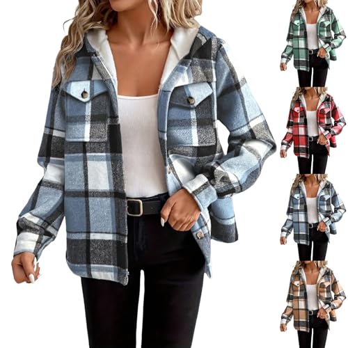 Women Fleece Jacket Fleece Jacket Women Flannel Checked Sherpa Coats Full Zip Up Winter Warm Hoodies Cardigan Long Sleeves Fuzzy Hooded Sweatshirt with Pockets