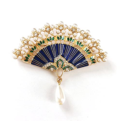 Women's Brooch Alloy Folding Fan Brooch Chinese Style Brooch Flower Exquisite Brooch with Pearl Blue