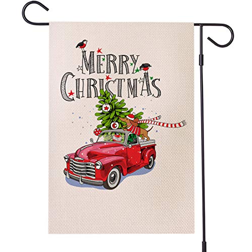 Merry Christmas Garden Flag Red Truck Vintage Tree - Home Xmas Quote House Yard Flag Pickup - Double Sided Burlap Rustic Winter Garden Yard Decorations, Vintage Seasonal Outdoor Flag 12 x 18 Holiday - Thumbnail 6