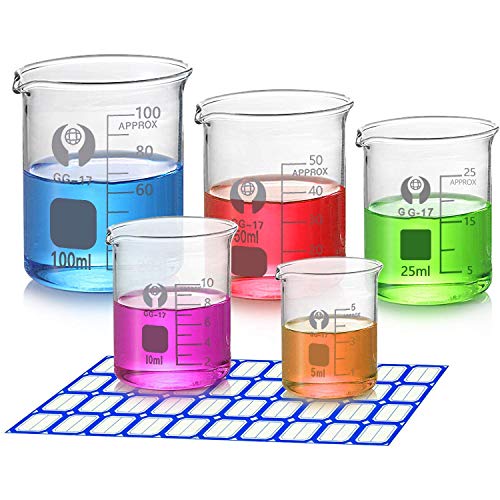 FEIGO 5 Pack Glass Graduated Measuring Mini Beaker Set 5ml 10ml 25ml 50ml 100ml Thick Glass Borosilicate Low Form Lab Beakers
