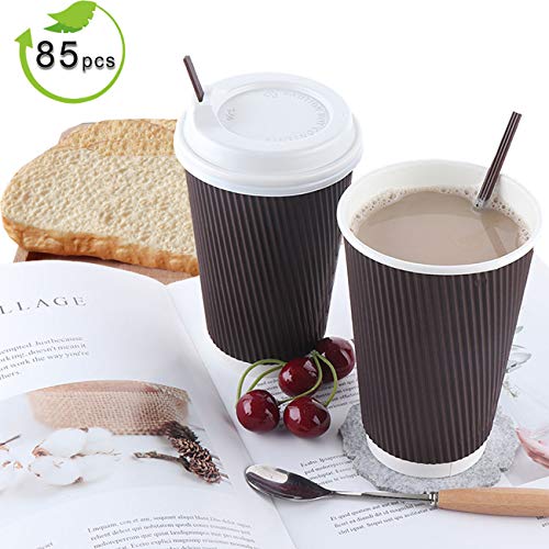Coffee Cups With Lids, 16oz Disposable To Go Paper Coffee Cups for Hot Beverages, Bulex Hot Coffee Cups No Sleeves Needed (Brown)