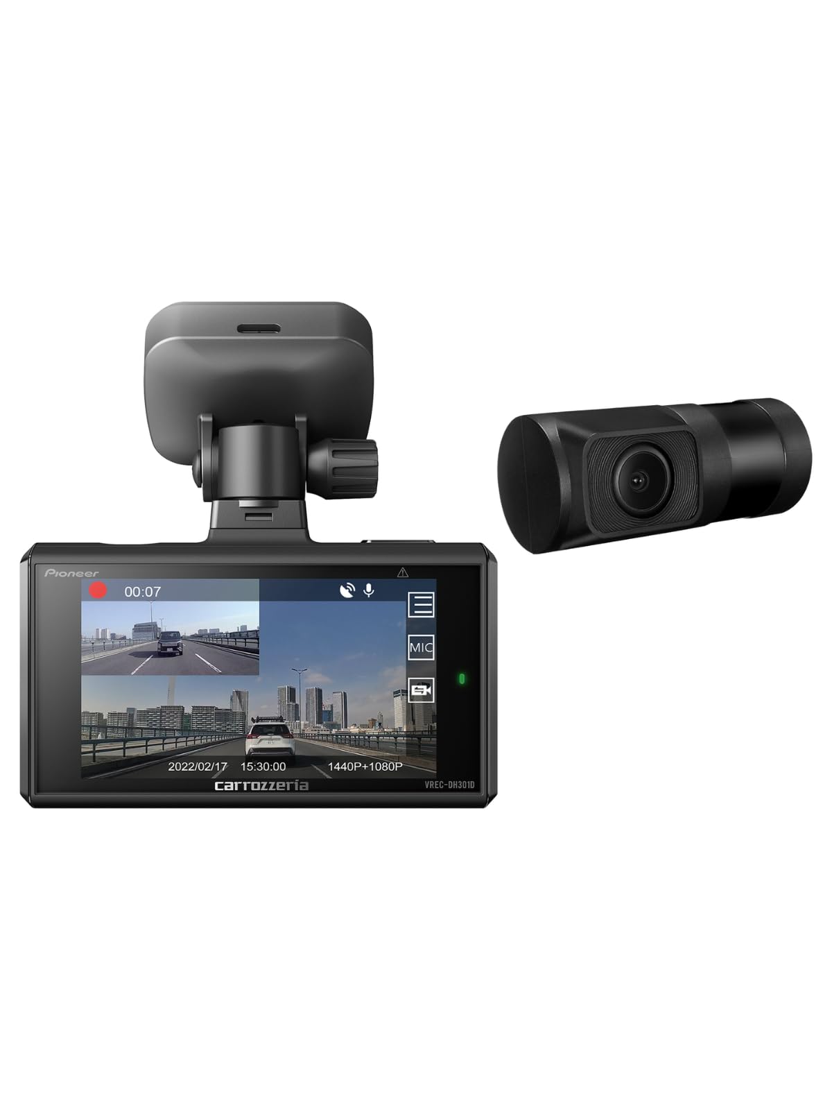 Pioneer ドライブレコーダー VREC-DH301D 前後2カメラ 前370万画素 後200万画素 3インチ 前WQHD 後フルHD 駐車監視対応 対角前135º 後128º 連続 衝撃 手動 駐車録画 microSD(32GB) 黒 カロッツェリア商品画像