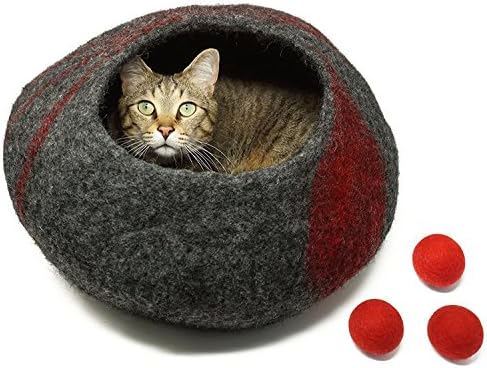 CatCatCat Premium Quality Cat Cave Bed (Large) + 3 Free Wool Ball Cat Toys - 100% Wool and Handcrafted - Comfy Bed For Cats and Kittens (Red)