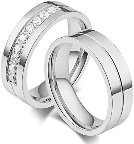 6MM Stainless Steel Promise Engagement Couple Wedding Bands for Him and Her Women Cubic Zirconia CZ Rings