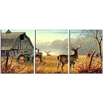 Canvas Print Wall Art Painting pictures of Nature Trees Fences Birds Fog Mist Deer Barn Farm Competition Paintings The Picture For Living Room Decoration Animals Pictures Photo Prints On Canvas