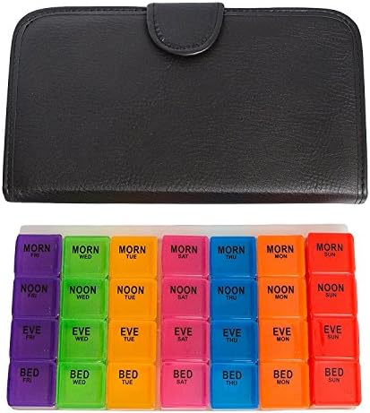 Rainbow Weekly 28 Compartments Pill Organizer with Snap Lids 7-Day Detachable Compartments for Pills, Vitamin. (XXL Black Leather)