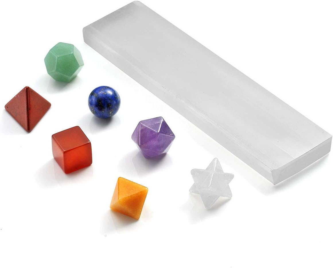 CrystalTears 7 Platonic Solids Sacred Geometry Sets 7 Chakra Healing Crystal Kits w/Selenite Stick for Reiking Balancing, Meditaion, Yoga, Home Decor