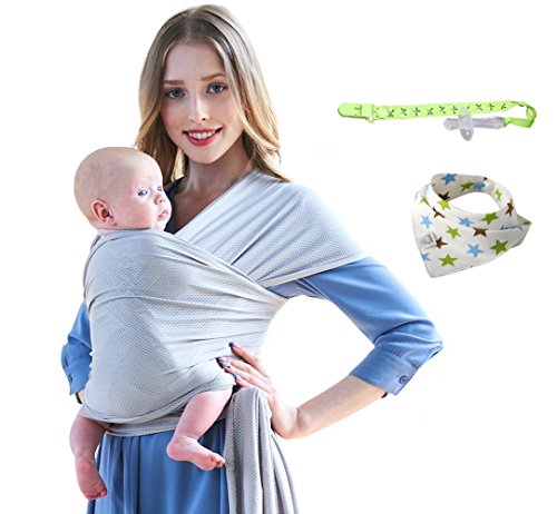 Baby Wrap Carrier - Lightweight Stretchy Breathable Baby Wraps With Bibs And Teethers - Baby Sling - Infant Carrier-Baby Shower Gift (Gray white)