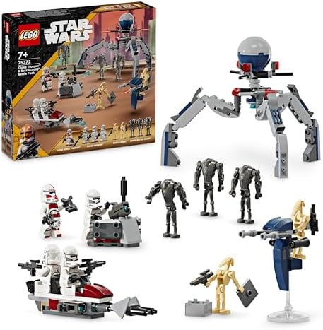 Star Wars Pack de Combate: Soldado Clon y Droide de Combate, Juguete Infantil, Moto Speeder de Juguete, Figura Tri-Droide y Puesto Defensivo, Regalo para Niños y Niñas de 7 Años o Más 75372