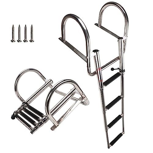 COCLF 4 Steps Pontoon Boat Ladder, Stainless Steel Folding Telescoping