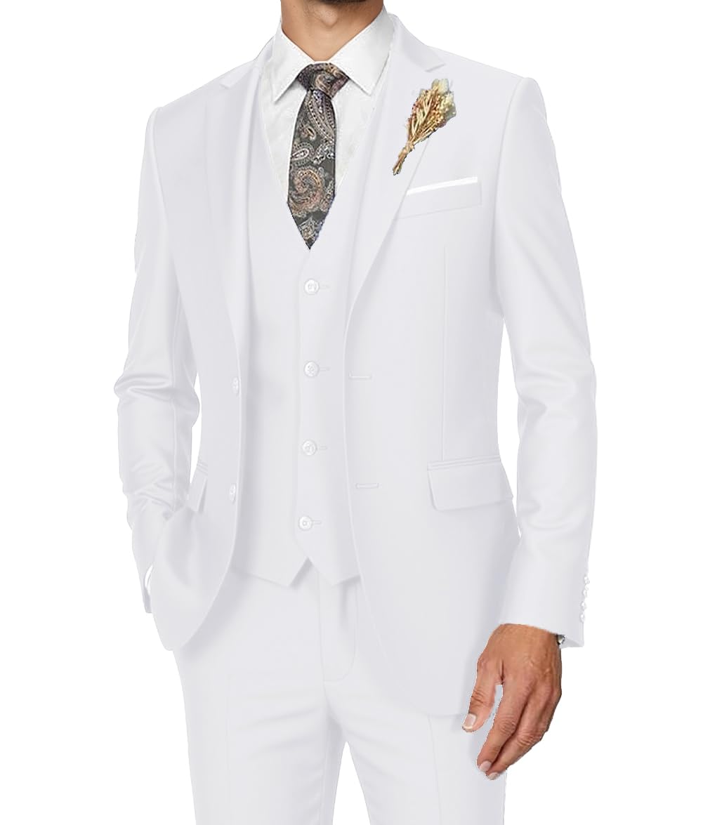 Photo 1 of Men's Suits Slim Fit 3 Piece Wedding Tuxedo White Suit for Men Solid Graduation Prom Suits,2XL