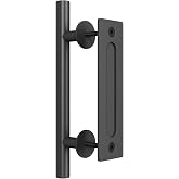 SMARTSTANDARD 12" Heavy Duty Barn Door Handle, Black, Two-Side Design,Round | Pull and Flush Hardware Set, Black Powder Coated Finish, Large Rustic Two-Side Design